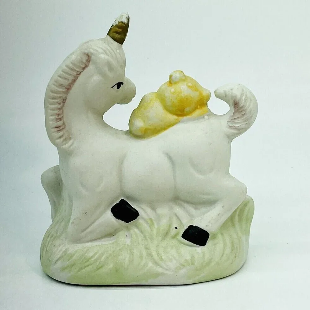 Whimsical Vintage Porcelain Figurine Yellow Teddy Bear Riding White Unicorn